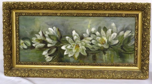 19th C. Painting Water Lilies In Nice Gilt Gesso Frame
