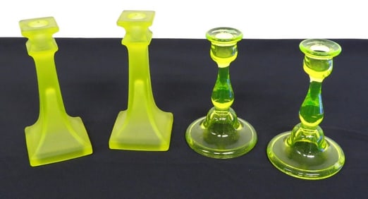 2 Pr of Deco Era Uranium Glass Yellow Candlesticks