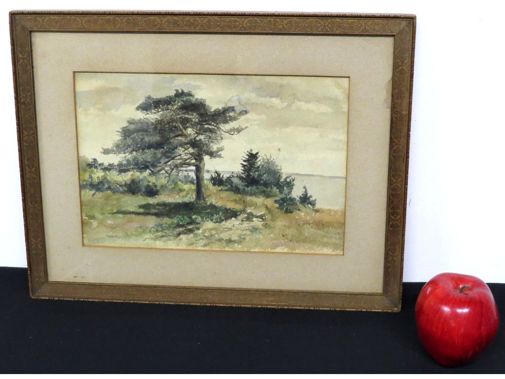 A 19th C. Watercolor of Windswept Pines Along the Shore (1 of 3)