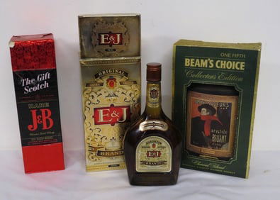 Three Unopened Bottles, Jim Beam, J&B and E&J.