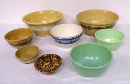 Group of Country Bowls Yellowware, Rockingham, Jadeite
