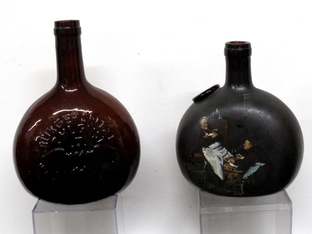 Two 19th C. German Chestnuts, One w/Hand painted Scene: Two very interesting German chestnut style flasks, one a sealed chestnut bearing a 19th C. painted scene of two men eating & drinking, one looking a bit like a cook, who is sitting with his customer w