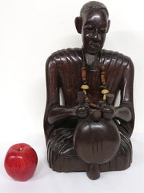 African Carved Figure of Seated Man w/Instrument