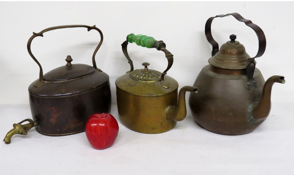 A Trio of Copper & Brass English Hot Water Teakettles (1 of 6)