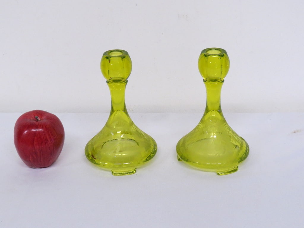 Imperial Glass Uranium Vaseline Yellow Candlesticks: A matching pair of Imperial Glass Co. Vaseline yellow uranium glass candlesticks, 7" in height, Elegant glass era, no damage.