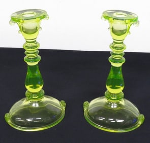 Imperial Double Scroll Art Deco Vaseline Yellow / Uranium Candlesticks