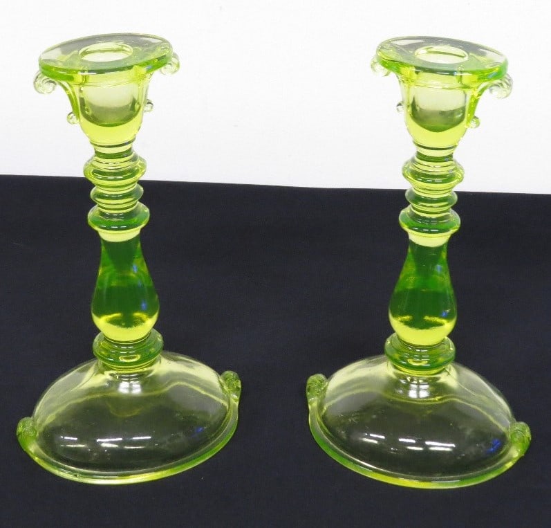 Imperial Double Scroll Art Deco Vaseline Yellow / Uranium Candlesticks (1 of 5)