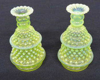 Matching Pair Fenton Hobnail Vaseline / Uranium Glass Toilet Water or Vases