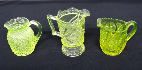 Lot of 3 EAPG Vaseline / Uranium Glass Creamers