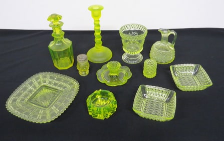Mixed 11pc Lot of Victorian era EAPG Vaseline / Uranium Glass