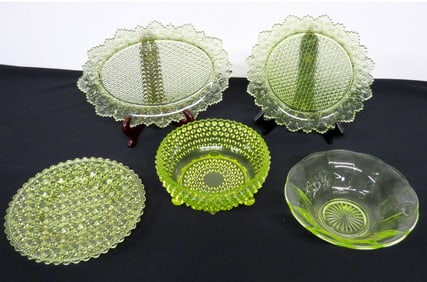5pc Lot Vaseline Yellow / Uranium Glass Serving Pieces EAPG