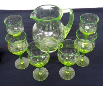 7 Piece Depression Uranium Glass Water Set Pitcher & 6 Goblets