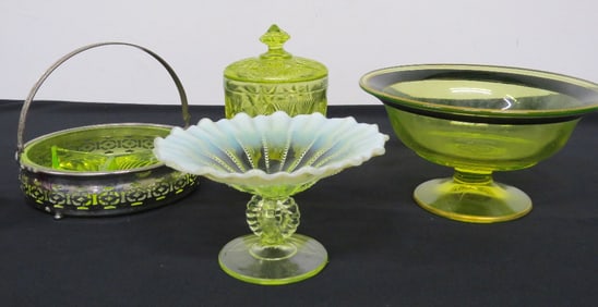 4pc Serving Piece Lot Vaseline Uranium Glass EAPG to Deco