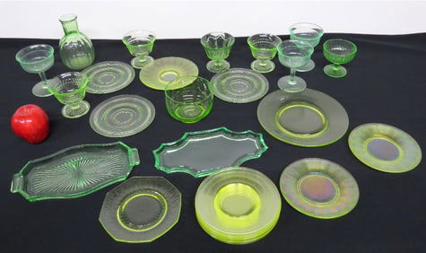 Table Lot of Depression Green Uranium Glass in Various Forms