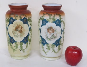 2 Victorian Bristol Glass Portrait Vases 19th C.