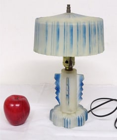 Art Deco Blue Satin Frosted Skyscraper Boudoir Lamp