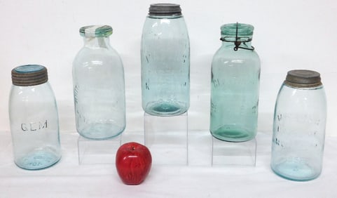 Lot of 5 Half Gallon Mason Jars / Fruit Jars - Mason's Patent, Millville & More