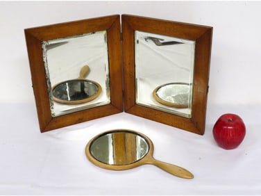 19th C. Star Inlaid Bi-Fold Table Mirror and Hand Mirror Beveled Glass