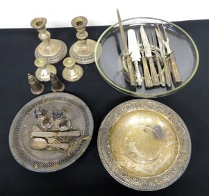 Lot of Sterling and Sterling Weighted Candlesticks, Bowls, Cutlery & More
