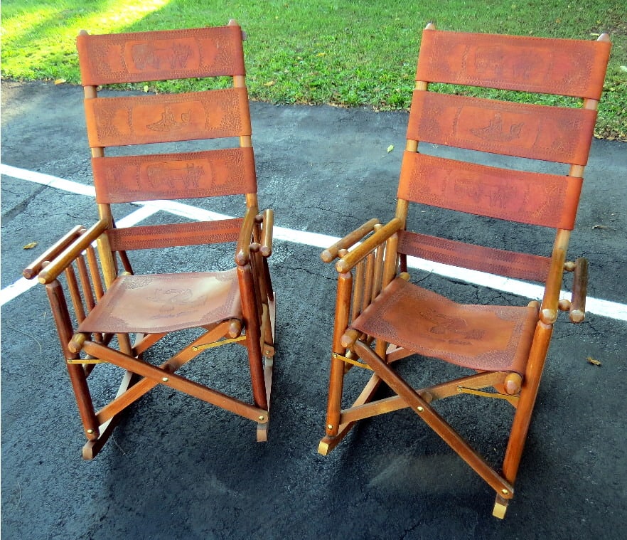 Pair of COSTA RICA Tooled Leather Wood Frame Rocking Chairs. (1 of 6)