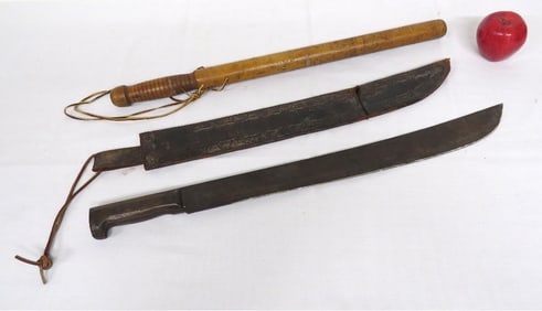 Early Machete in Tooled Sheath and Maple Police Baton / Nightstick