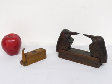 Two Carved Wooden Puzzle Boxes Incl. Antique American Hand Plane