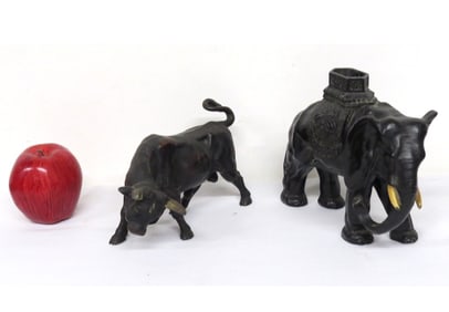 Two Cast White Metal Figures - Ronson Elephant Incense Burner & Wall Street Bull
