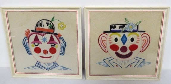 Two MCM era Needlepoints of Clowns Orig Frames