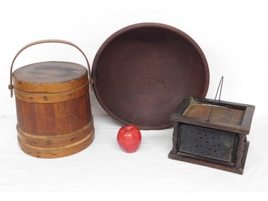 3 piece lot Firkin, Bowl and Foot warmer