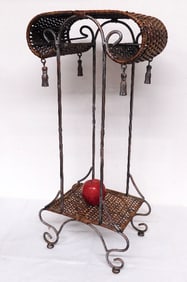 Wrought Metal and Wicker Art Nouveau Style Plant Stand w/Teardrop Tassels