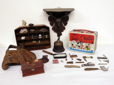 Table Lot of Collectibles - Knives, Lunchbox, Baseball Glove, Etc.