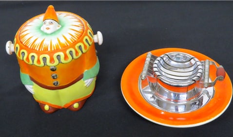 Orange Art Deco Painted Clown Biscuit Jar & Wales Chromed Slicer
