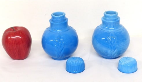 A Pair of Atterbury Glass Co. Blue Slag Glass Powder / Cosmetic Jars 1886 Patent