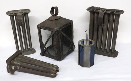 Early American Tin Lighting - 2 Lanterns, 3 Candle Molds 12, 8 & 6 Hole