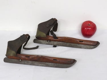 19th C. Wooden Ice Skates Orig Leather Uppers, Brass Fittings & Iron Blades