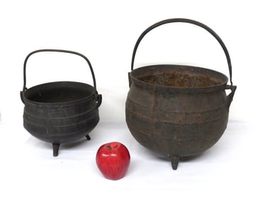 Two Early 19th C. 3 Footed Cast Iron Hearth Kettles, Two sizes
