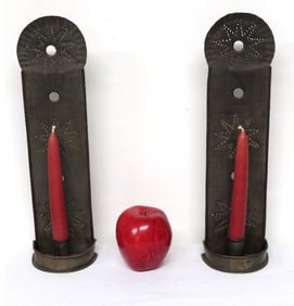 A Spectacular Pair of Star Punched 19th C. Tin Punched Wall Mount Candle Sconces