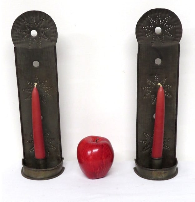 A Spectacular Pair of Star Punched 19th C. Tin Punched Wall Mount Candle Sconces (1 of 12)