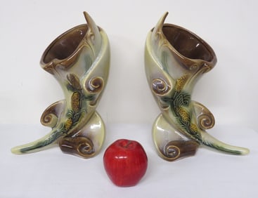 Matching Pair Hull Pottery Parchment & Pine Vases