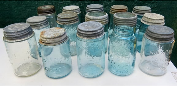 A Table Lot of 15 Pint Screwtop Mason Jars - Mason's Patent, Ball, Midget, etc.