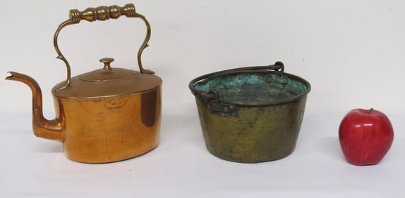 Two 19th C. Brass English Teapot & Small Brass Sap Bucket