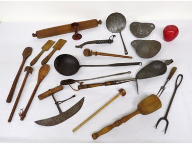 A Table Lot of 19th C. Treenware, Iron & Tinware