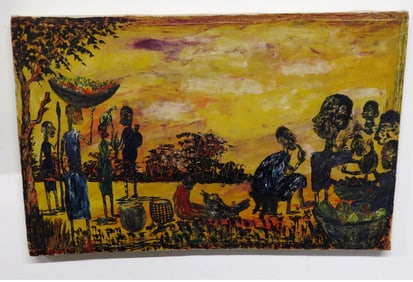 Haitian Oil on Canvas of a Busy Village Scene dated 1975