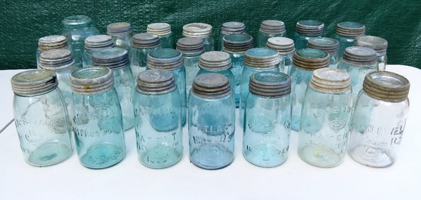 A Tabletop Lot of 30 Quart Screwtop Mason Jars, 1858's, Ball's, Atlas, Whitney & More