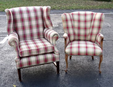 Pair of Raspberry Tartan Plaid His N' Her's Wingback Chairs