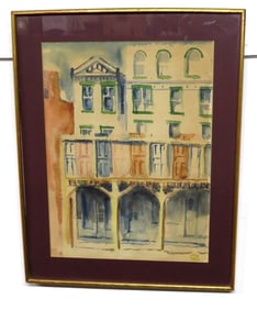 Mid Century Watercolor of Buildings Signed CZL