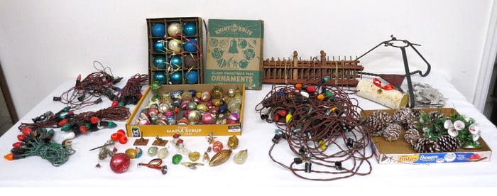 Attic Lot of Antique Christmas Ornaments, Lights, Etc.
