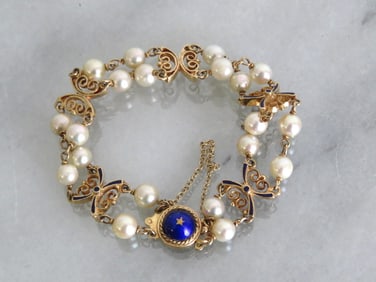 14kt Butterflies and Pearls With Inlays & Blue Enameling