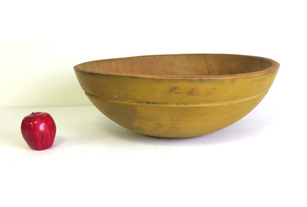 Country Wooden Bowl in Mustard Yellow Paint: A large country wooden bowl in mustard yellow, about 18"x diameter one way, 19.75" diameter the other, 6.5" depth, a great piece!