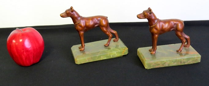 Deco Bronzed Doberman Pinscher Bookends Green Agate Marble Bases
